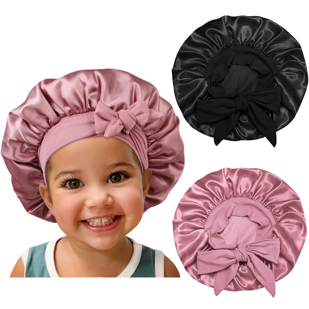 Satin Silk Bonnet Hair Cap: 2pcs Bonnets For Kids with Elastic Tie Band Adjustable Straps for Sleeping Sleep Comfortable - Stret