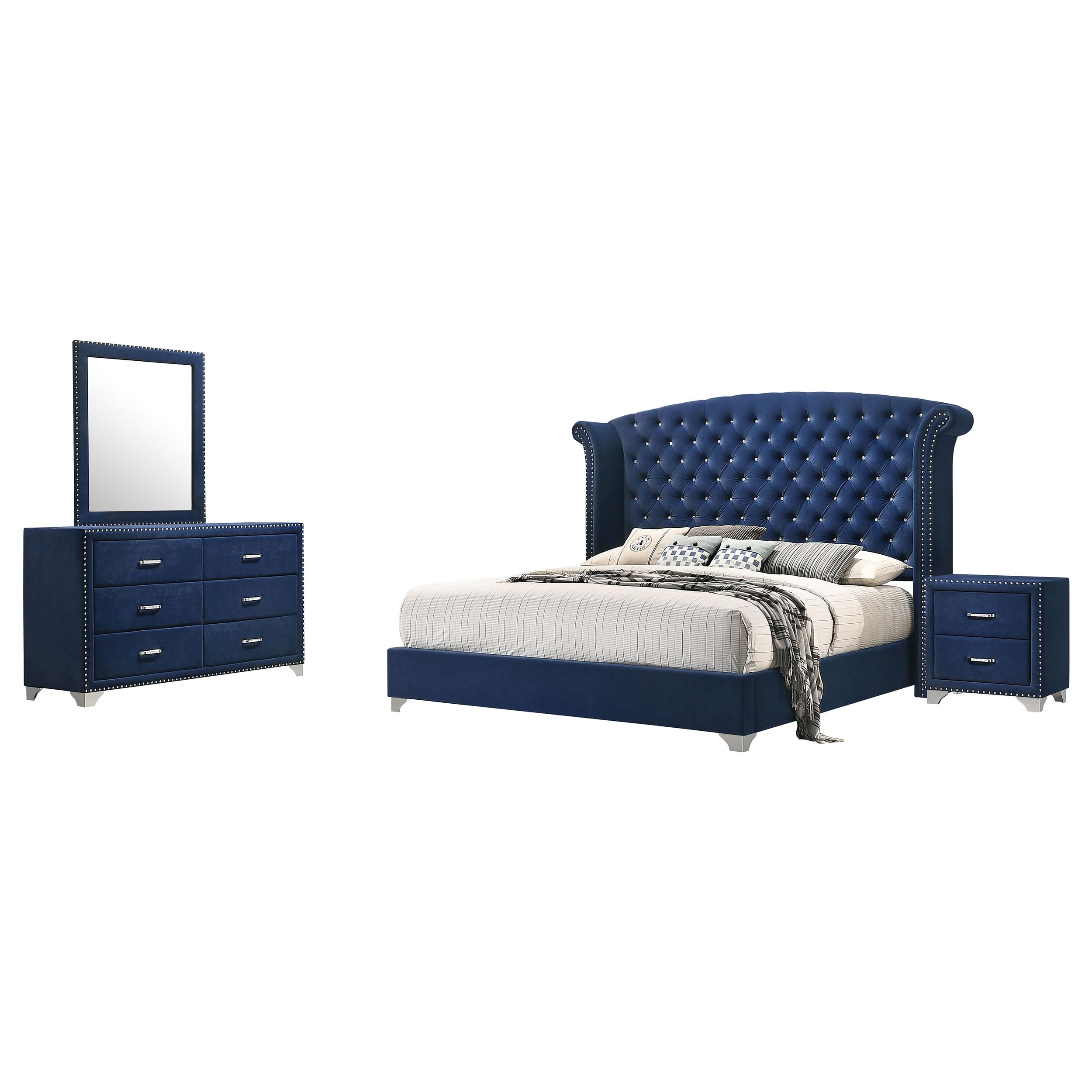 Coaster Home Furnishings Melody Modern Classic 4-Piece Bedroom Set Velvet Upholstered Queen Size Wingback Bed Frame 66-inch Headboard Pacific Blue 223371Q-S4