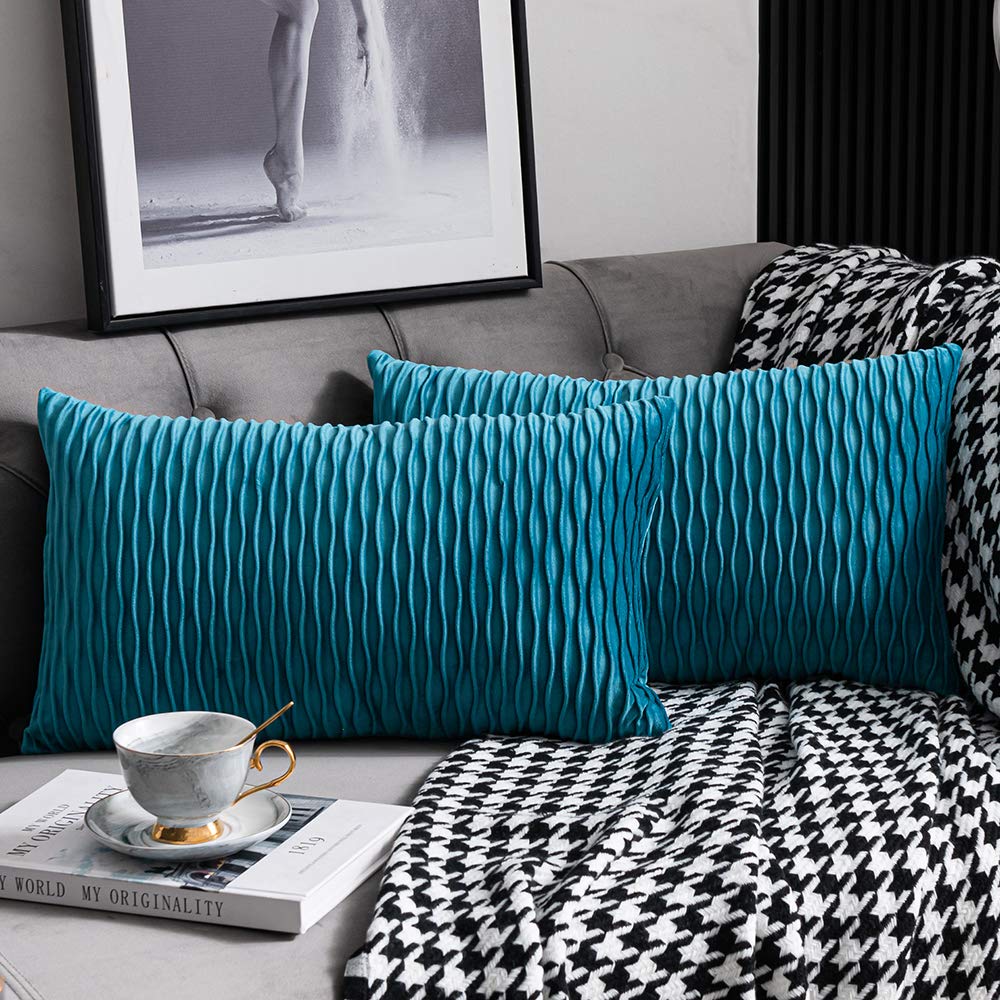 Dezene Turquoise Throw Pillow Cases 12X20: 2 Pack 12X20 Inch Original Striped Velvet Rectangular Decorative Pillow Covers For Fa