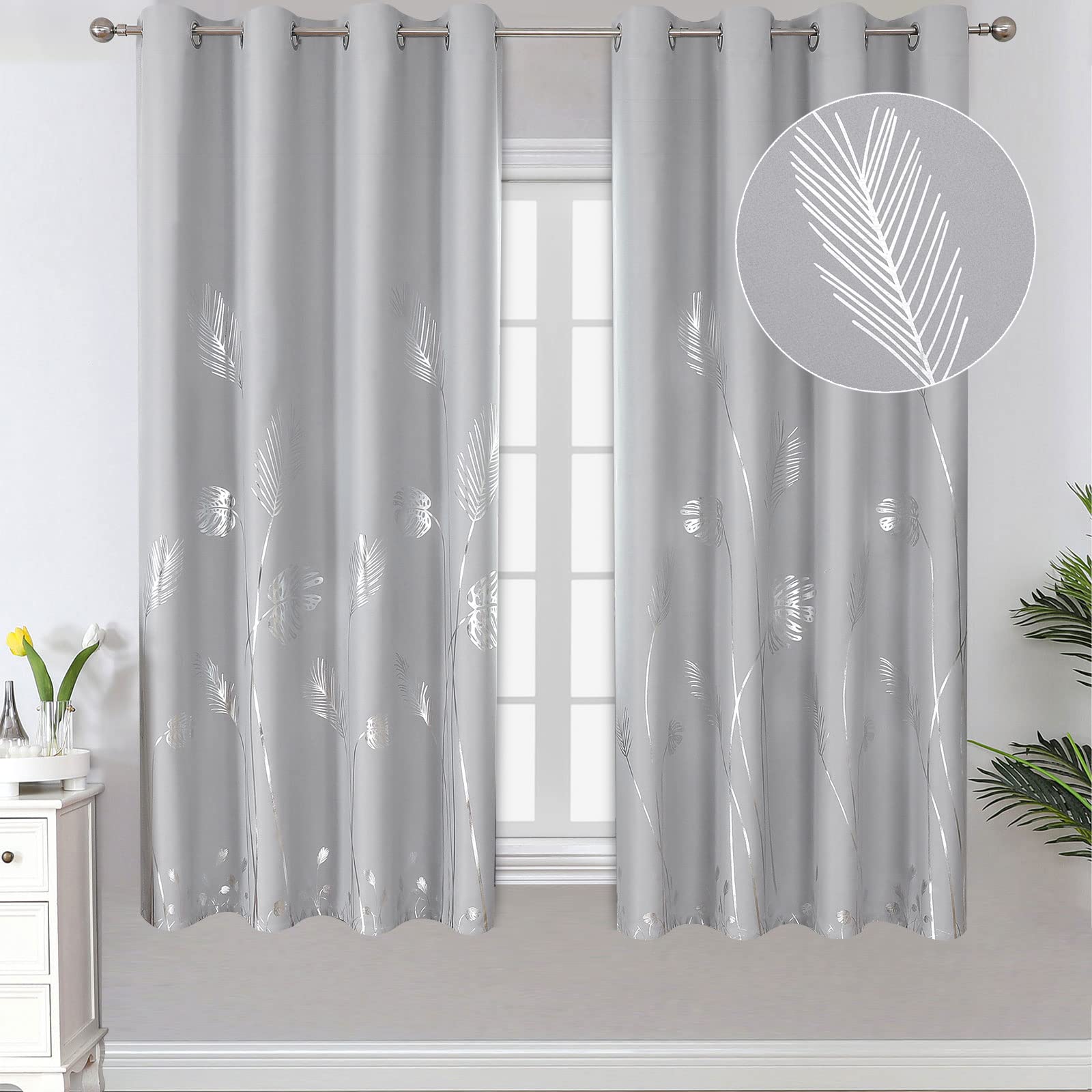 Estelar Textiler Light Grey Blackout Curtains 63 Inches Long, Silver Palm Tree Pattern Light Gray Curtains, Light Blocking Therm
