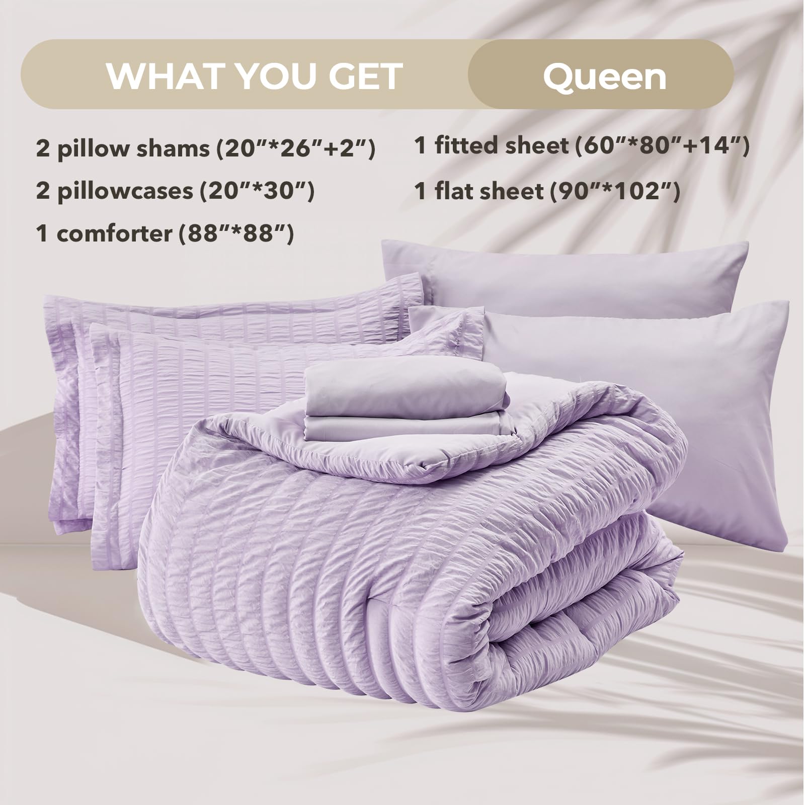 Hymokege Lavender Queen Comforter Set Seersucker 7 Pieces, All Season Luxury Bed In A Bag For Bedroom, Bedding Set With Comforte