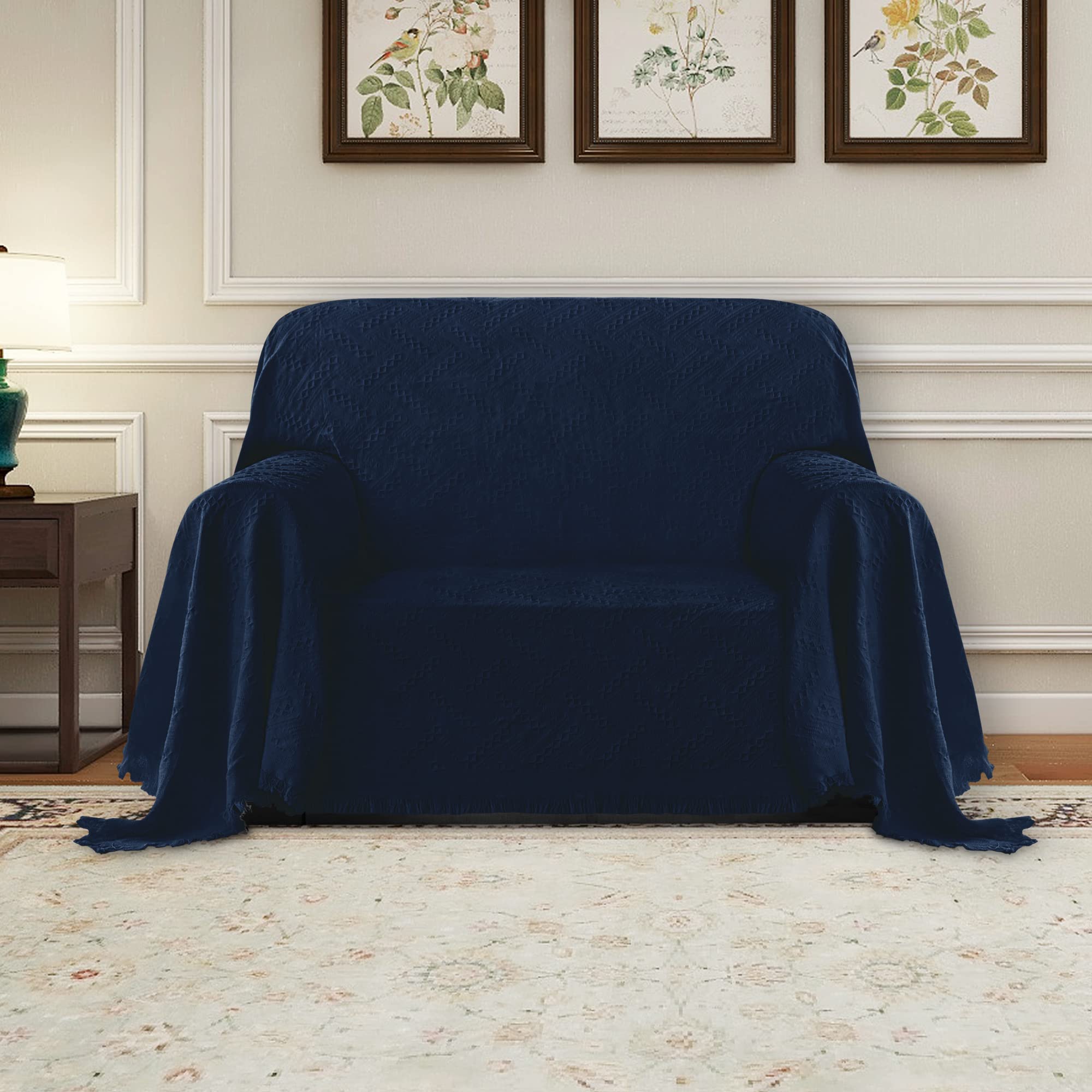 Purefit Geometric Jacquard Throw Sofa Cover - Textured Soft Washable Decorative Couch Covers For 3 Cushion Couch, Throw Cover With Tassels Furniture Protector For Pets, Kids (Small, Navy)