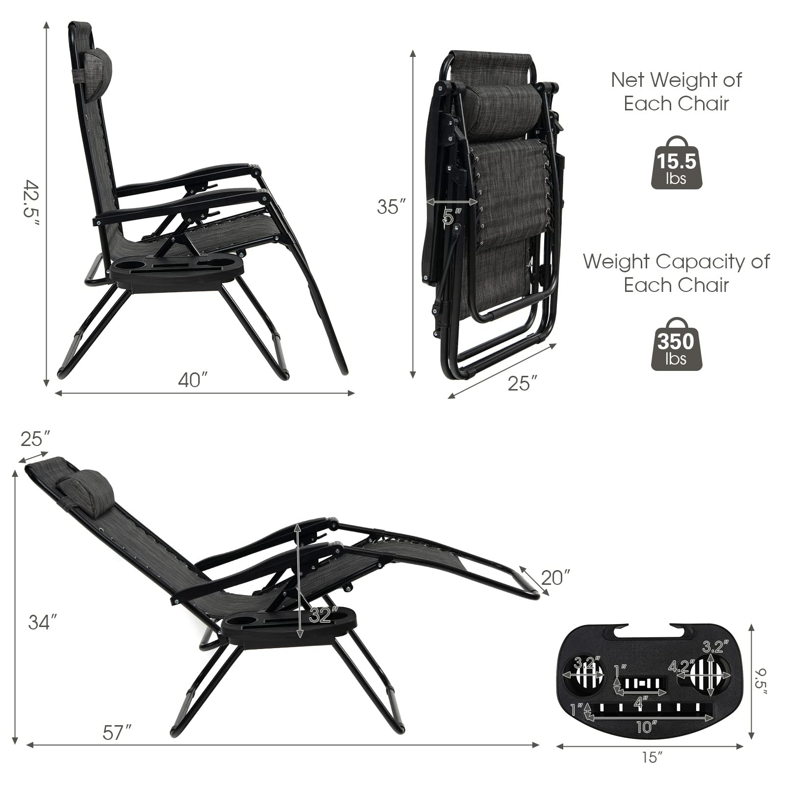 Goplus Zero Gravity Chair, Adjustable Folding Reclining Lounge Chair With Pillow And Cup Holder, Patio Lawn Recliner For Outdoor Indoor Pool Camp Yard (Grey, Set Of 2)