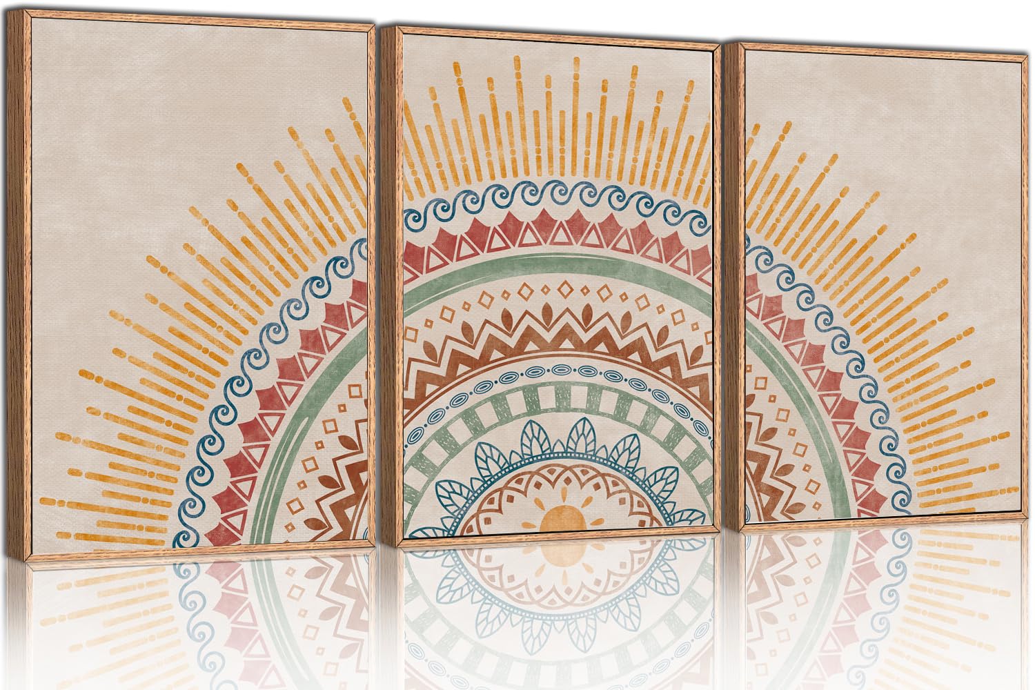HPINUB Boho Sun Framed Canvas Wall Art Set, Mid-Century Modern Wall Decor, Minimalism Bohemian Wall Painting, Abstract Geometric