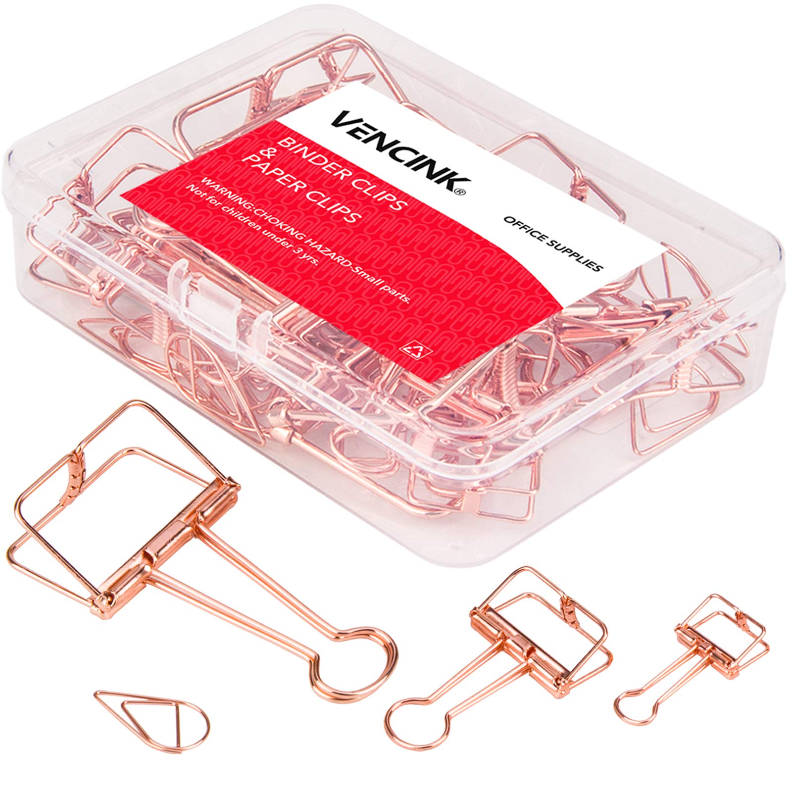 Rose Gold Wire Binder Clips And Cute Paper Clips Set Assorted Sizes, 2 Large 6 Medium 10 Small Smooth Stainless Hollow Office Cl