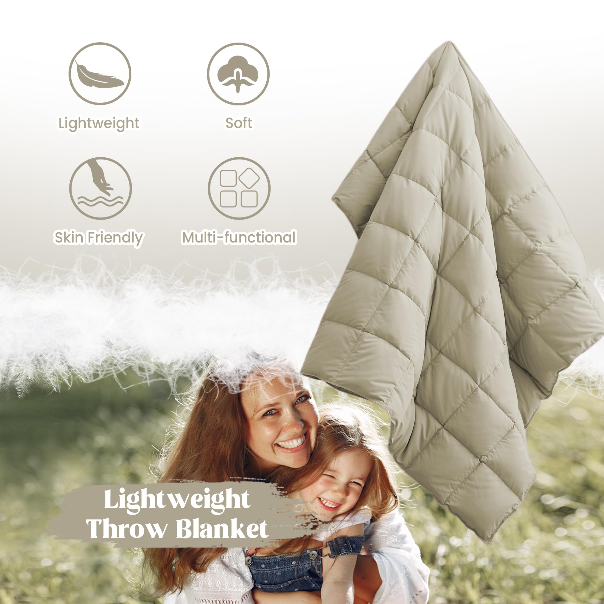 puredown® Lightweight Soft Feather Down Throw Blanket - 50 x 70, Beige - Packable Couch Blanket for Indoor & Outdoor Use