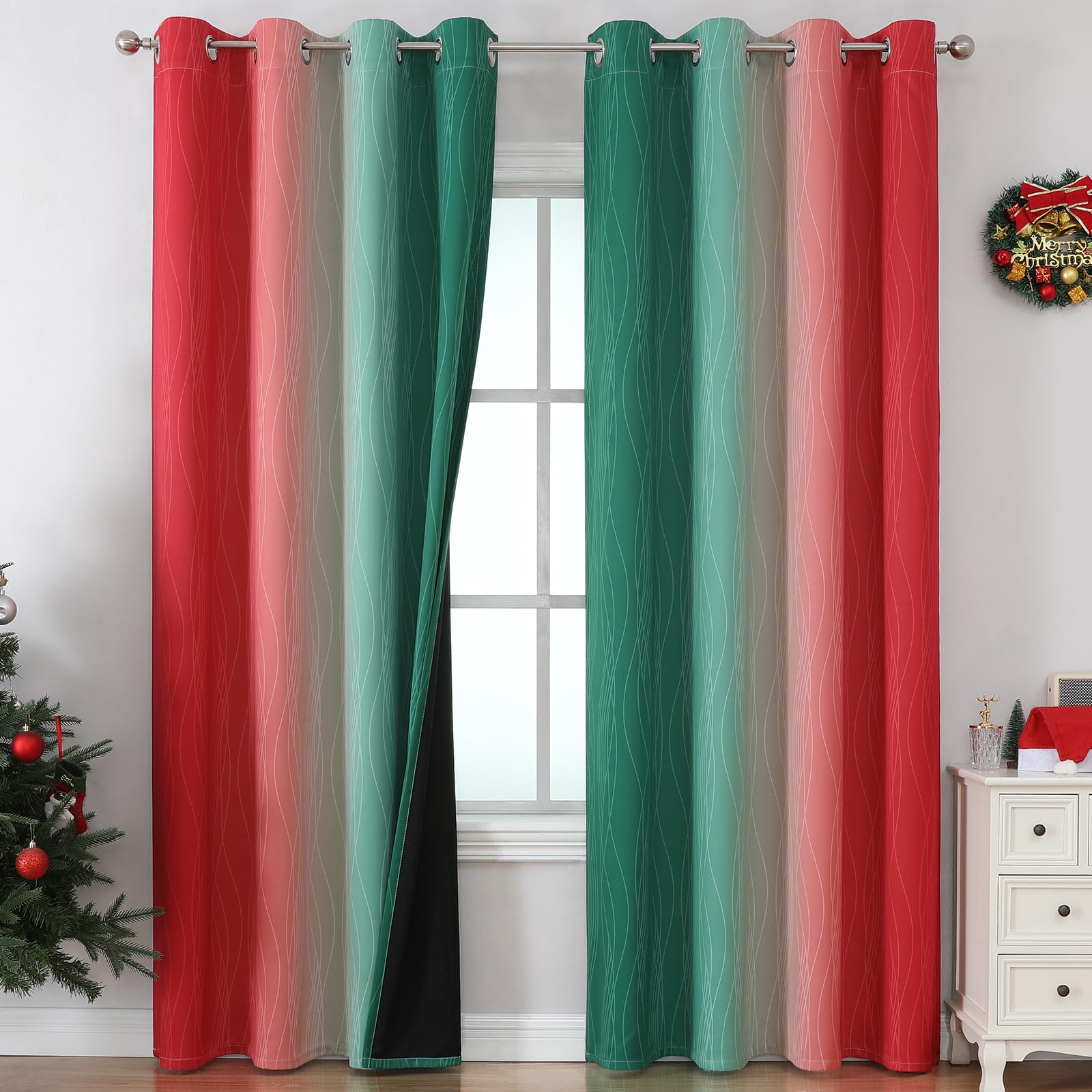 Estelar Textiler Red And Green Ombre Blackout Curtains For Sliding Door, Thermal Insulated Gradient Drapes 96 Inches Long, Full