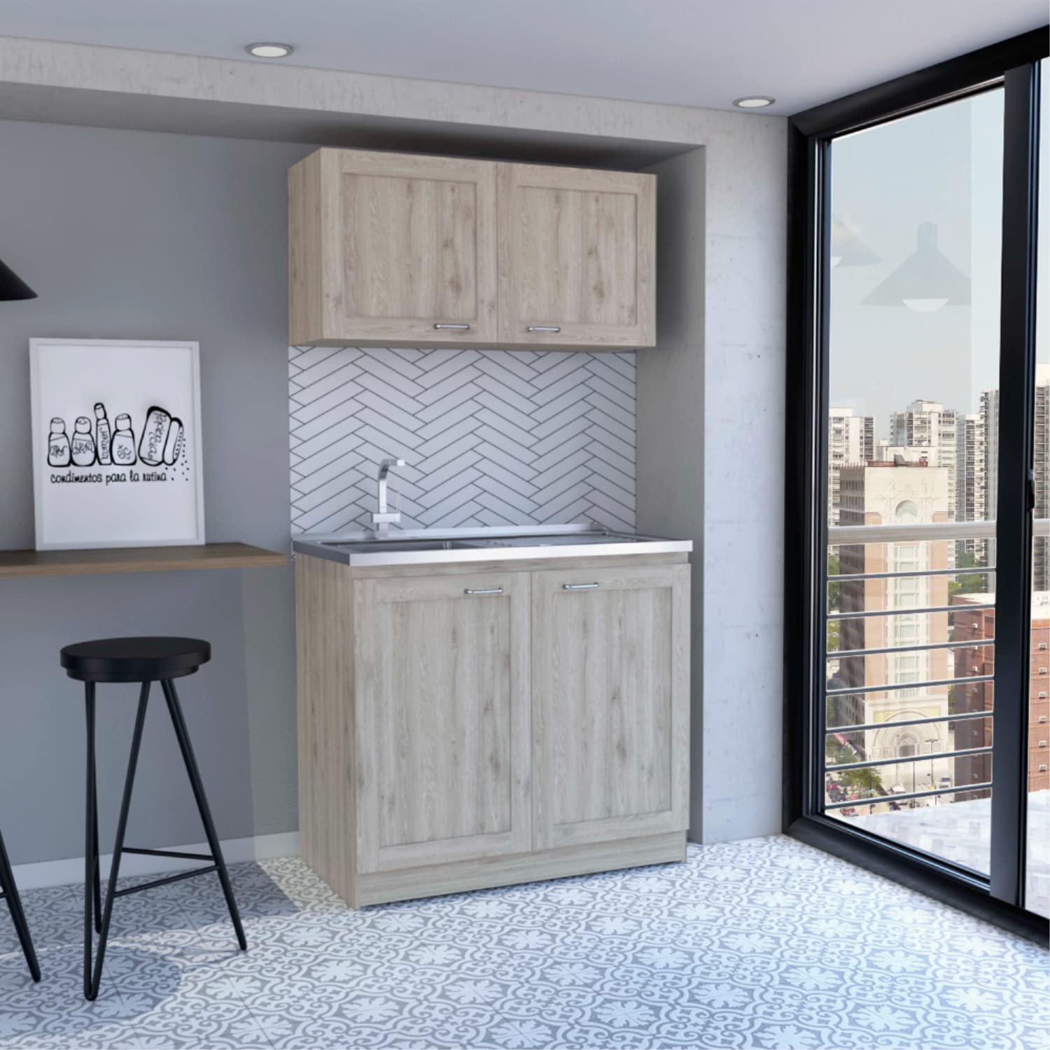 Agate Cabinet With 2 Upper Cabinets And 2 Lower Cabinets, 2 Piece Set, Light Gray