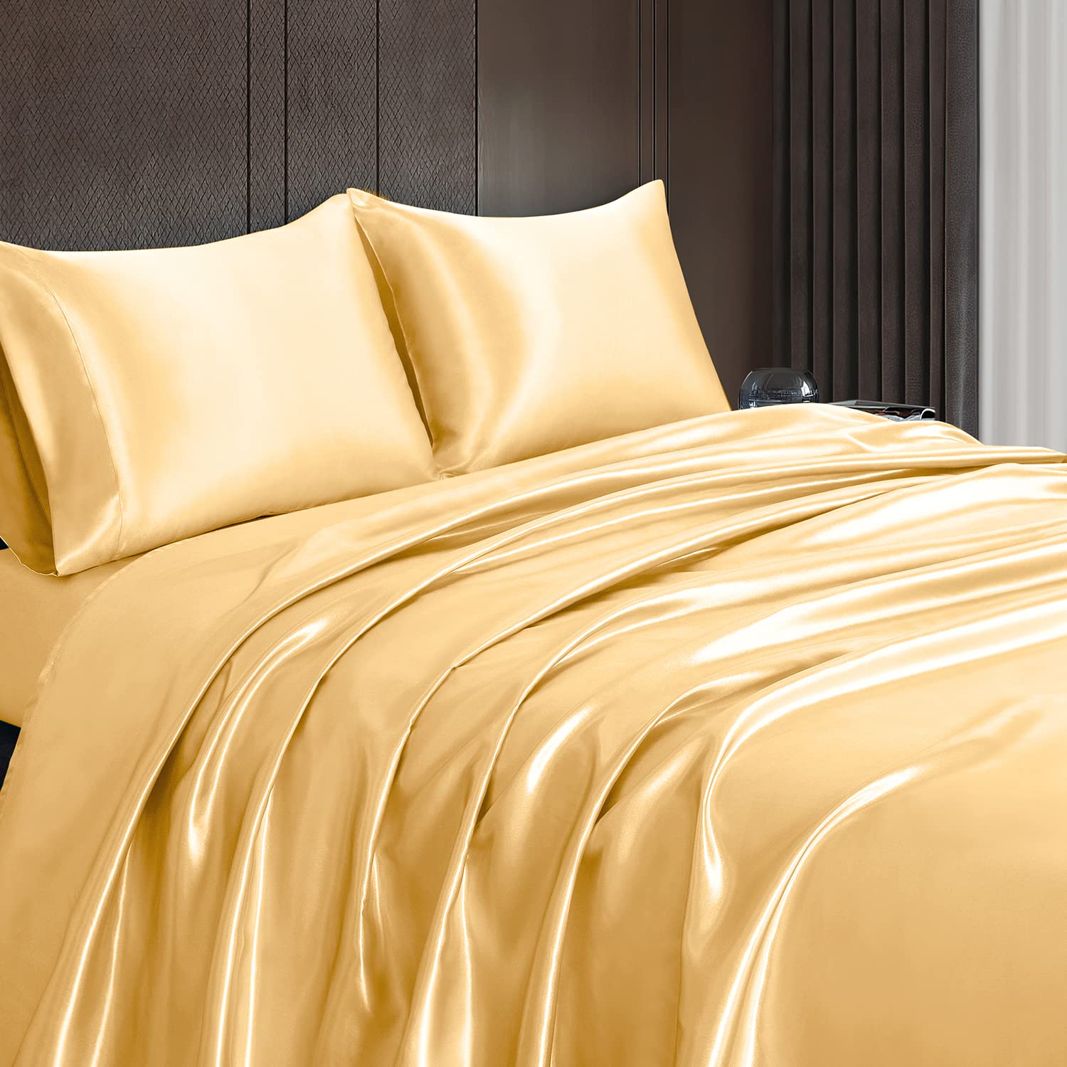 Homiest 4Pcs Satin Sheets Set Luxury Silky Satin Bedding Set With Deep Pocket, 1 Fitted Sheet + 1 Flat Sheet + 2 Pillowcases (Full Size, Gold)