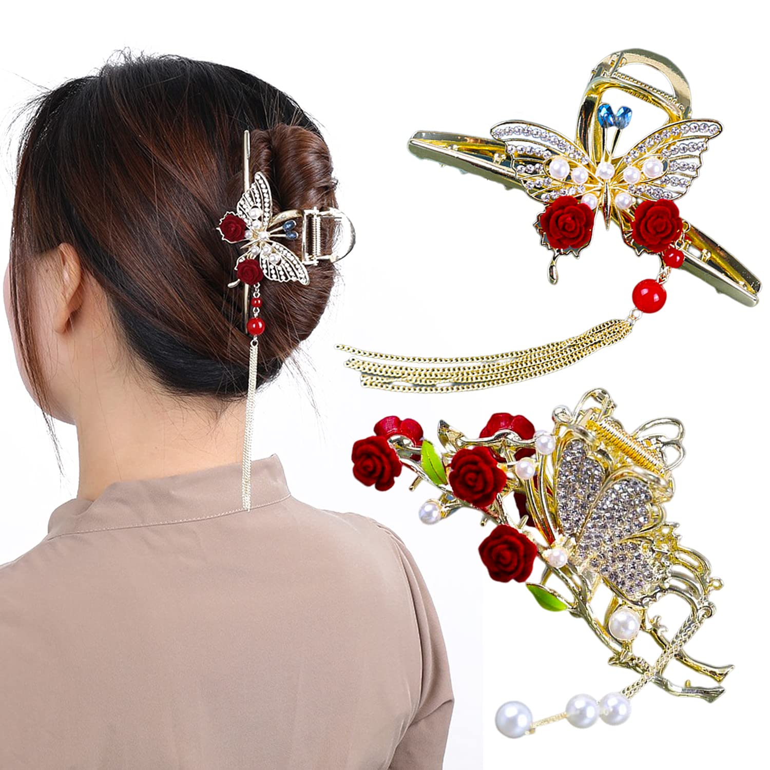 Wodico 2 Pcs Flower Hair Clips For Women - Include Butterfly & Flower Claw Clip Cute, Made Of Golden Metal Perfect For Thin Or T