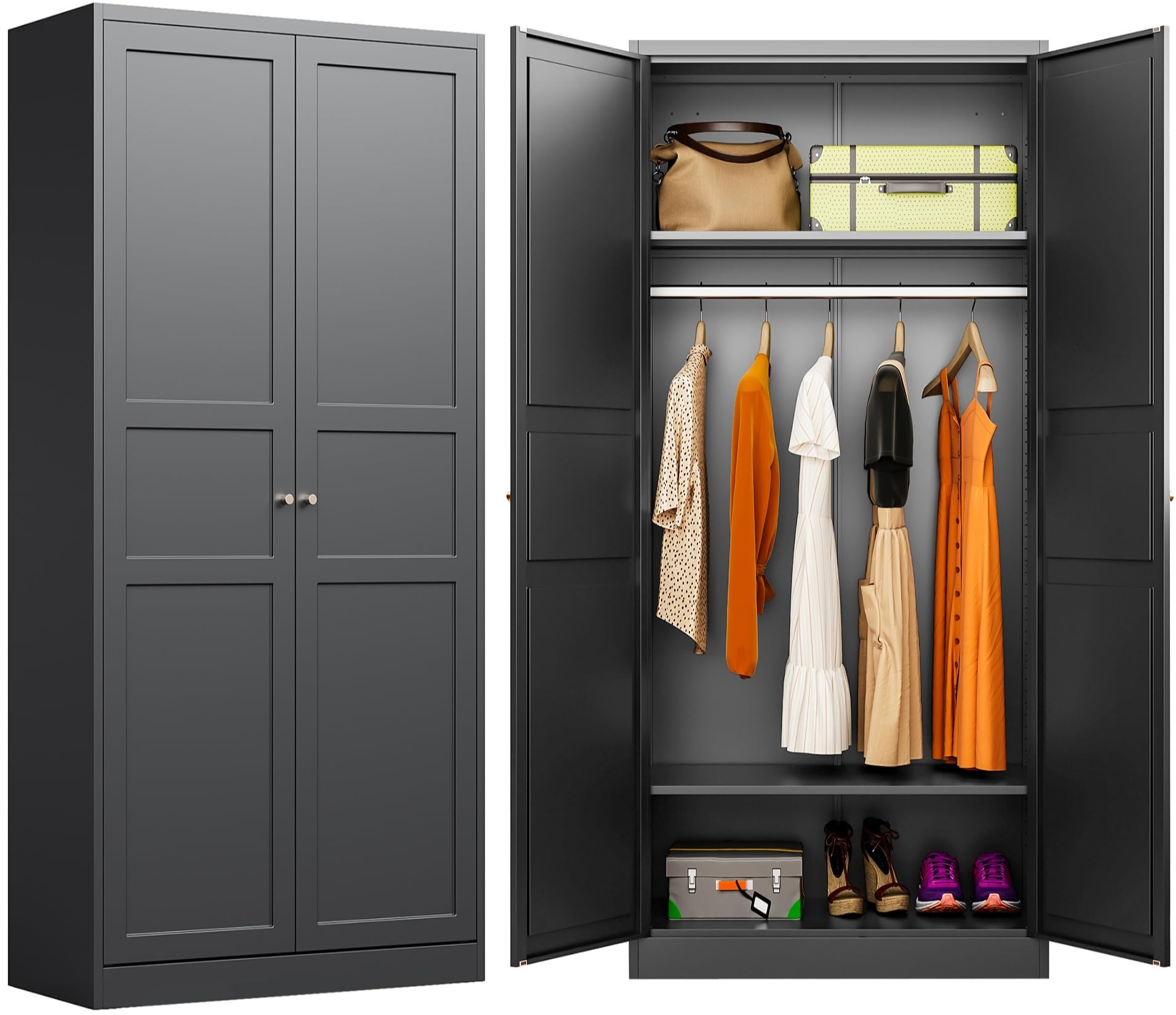 Metal Wardrobe Cabinet,Armoire Wardrobe Closet With Doors,Black Metal Clothing Storage Cabinet With Adjustable Shelves And Hangi