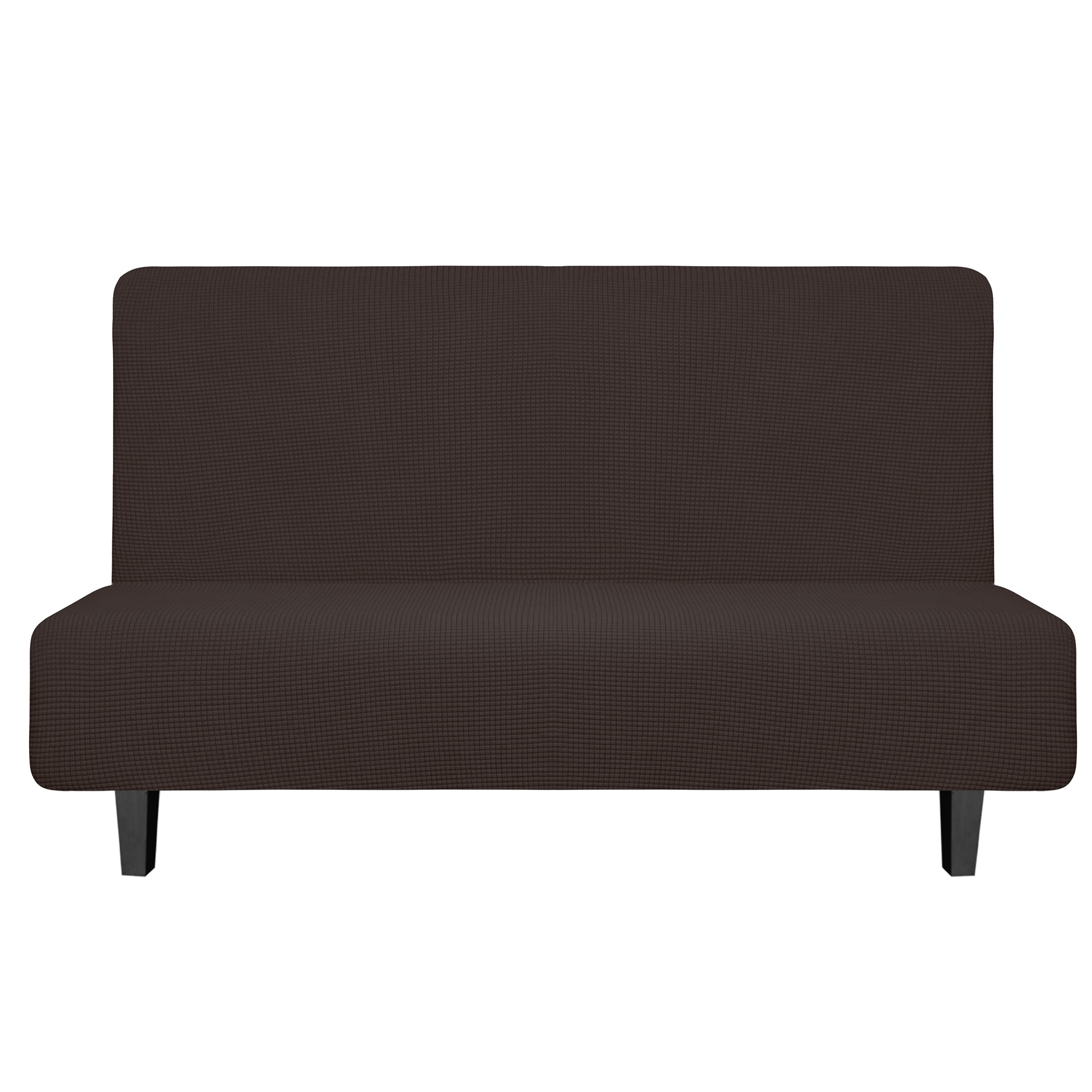 Easy-Going Stretch Futon Slipcover Armless Futon Bed Cover Furniture Protector Without Armrests With Elastic Bottom For Kids, Soft Jacquard Fabric Small Checks (Medium, Chocolate)