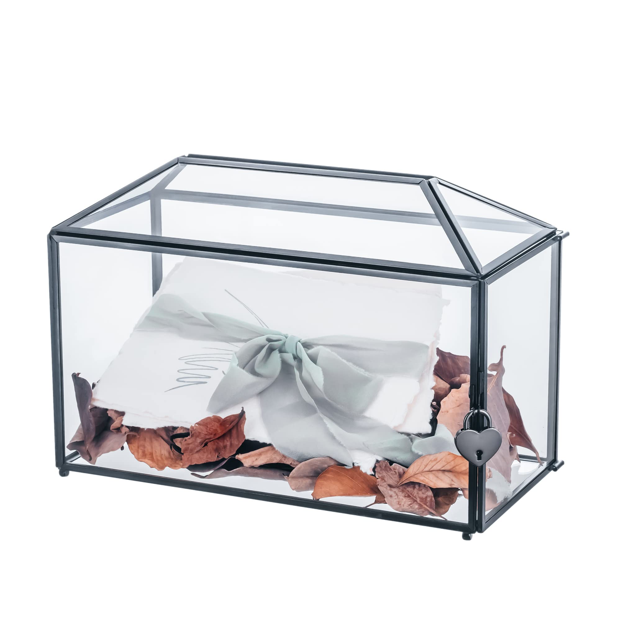 NCYP Wedding Glass Card Box with Slot and Lock - 12.6 x 5.9 x 9 - Large Geometric Glass Box for Wishing Well, Keepsake, Envelope