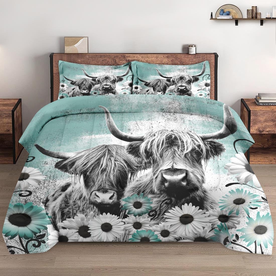 Wecozy 3 Pcs Comforter Set Full Size With 2 Pillowcases, Highland Cow Animal Bedding Set For Kids And Adults, Buffalo Bull Farm
