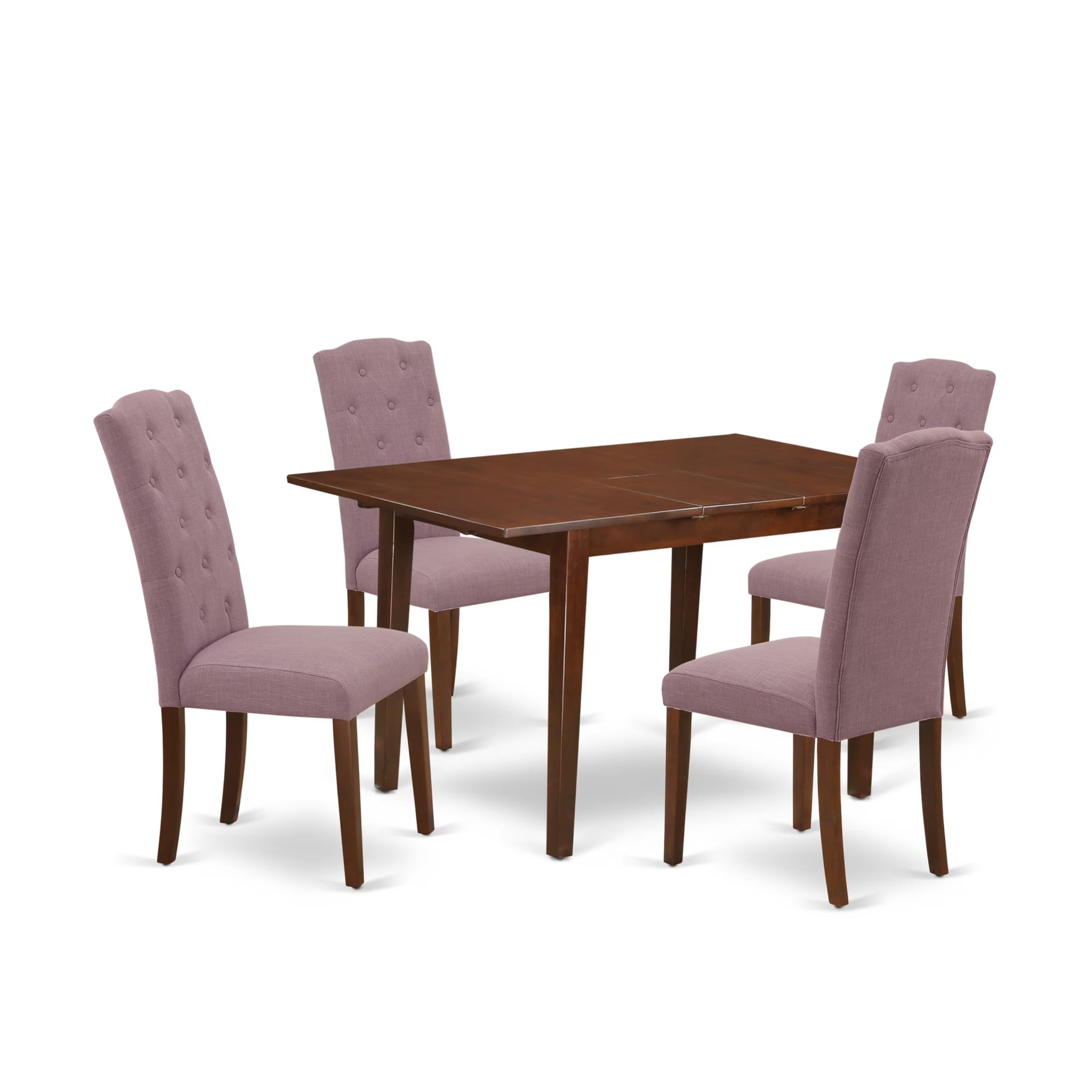 East West Furniture Noce5-Mah-10 5 Piece Kitchen Table Set Includes A Rectangle Dining Room Table With Butterfly Leaf And 4 Dahlia Linen Fabric Upholstered Chairs, 32X54 Inch, Mahogany