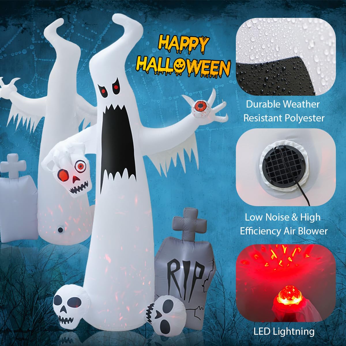 Hopoco 12 Ft Halloween Inflatables Outdoor Halloween Blow Up Yard Decorations Horror White Ghost With 3 Skull Heads Bleeding Eye