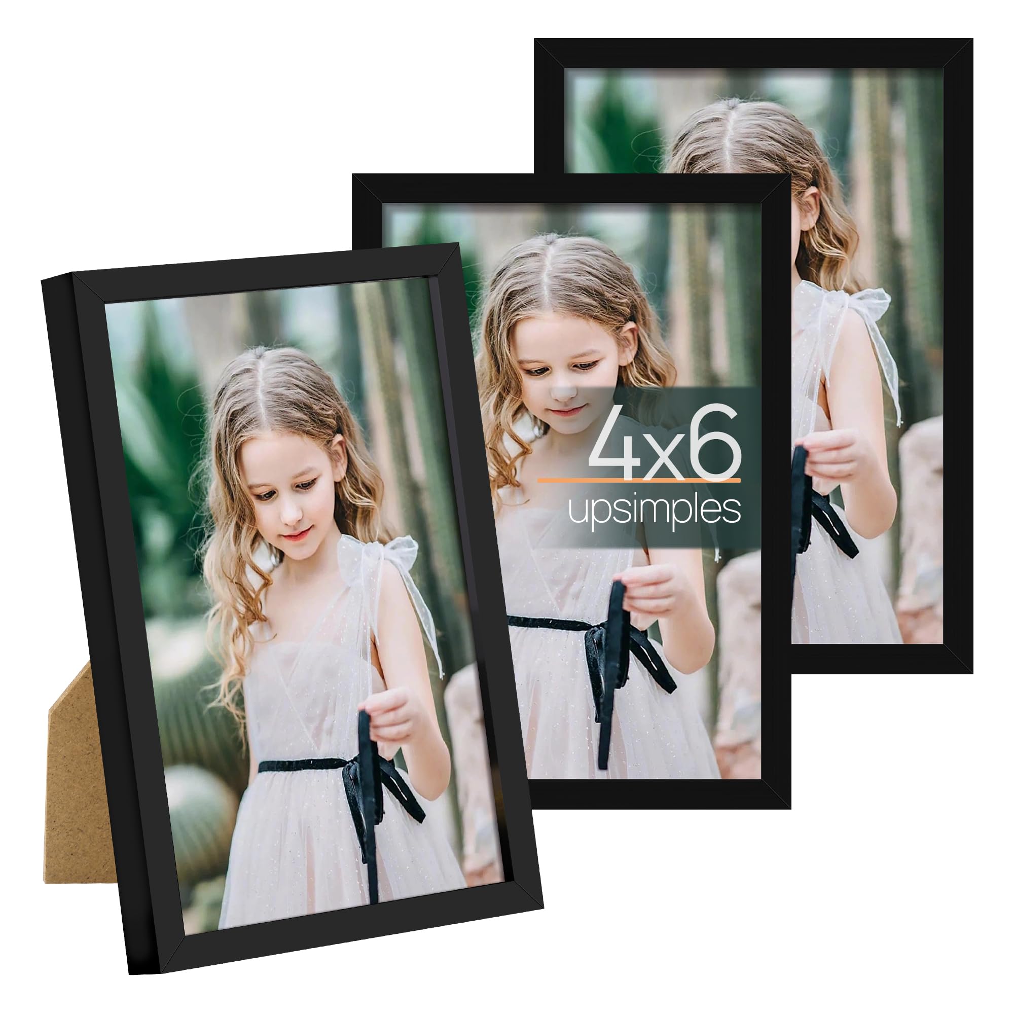upsimples 4x6 Picture Frame Set of 3, Made of High Definition Glass for 4 x 6 Black Frames, Wall and Tabletop Display Thin Borde