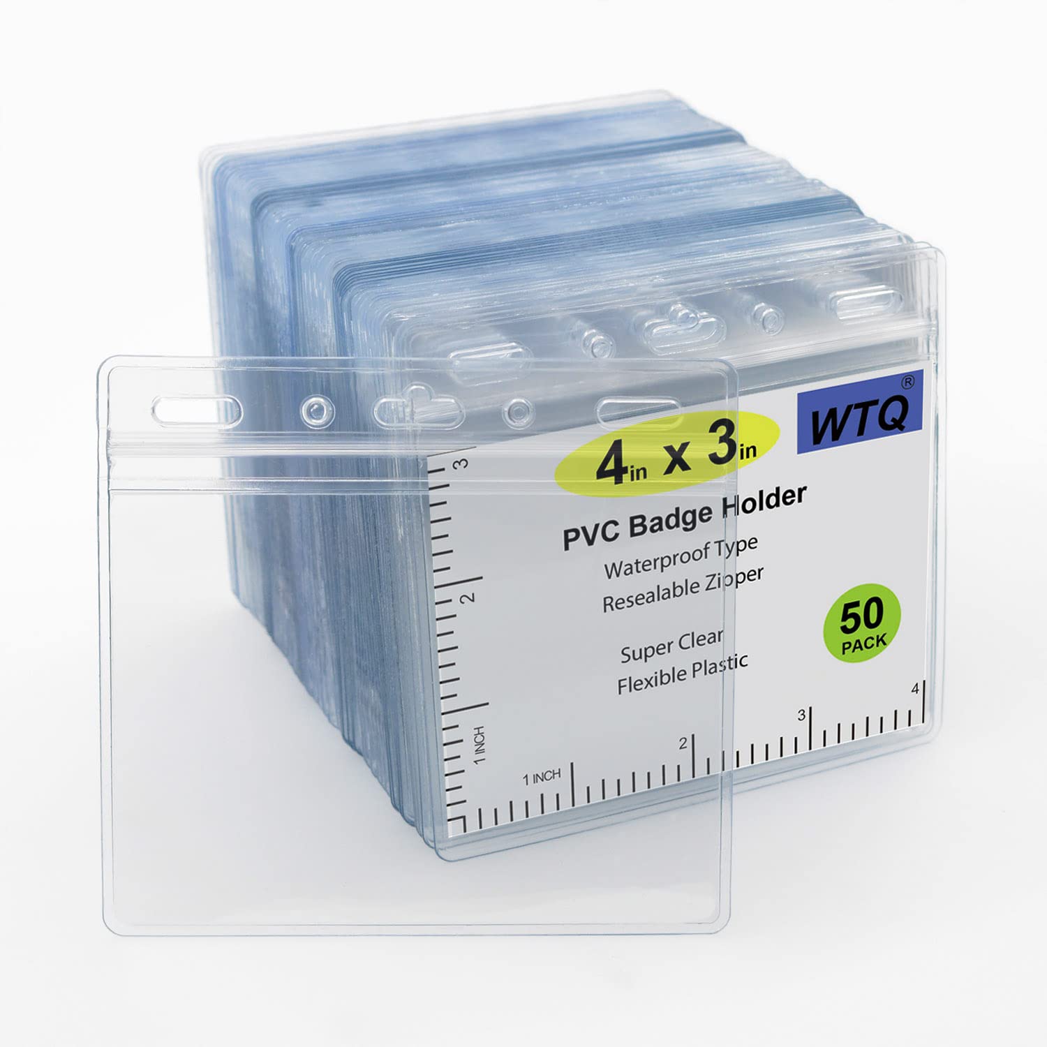 Wtq 50 Pack Waterproof Id Badge Holders (Fit 4X3 Inches Insert), Clear Plastic, Premium Quality, Heavy-Duty, Horizontal Hanging