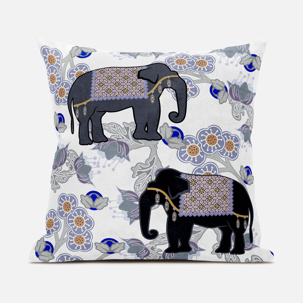 HomeRoots 28x28 Gray Black Blue Elephant Blown Seam Broadcloth Animal Print Throw Pillow