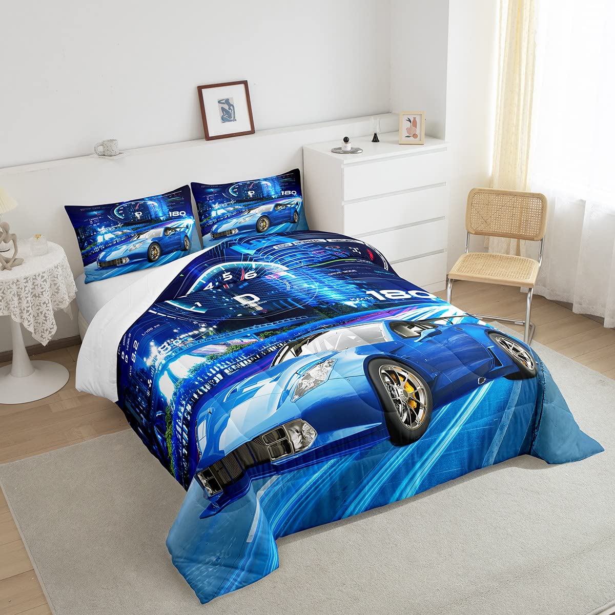 Feelyou Boys Race Car Down Duvet Cool Sports Car Comforter Set For Kids Boys Girls Extreme Sports Bedding Set Blue Automobile Ca
