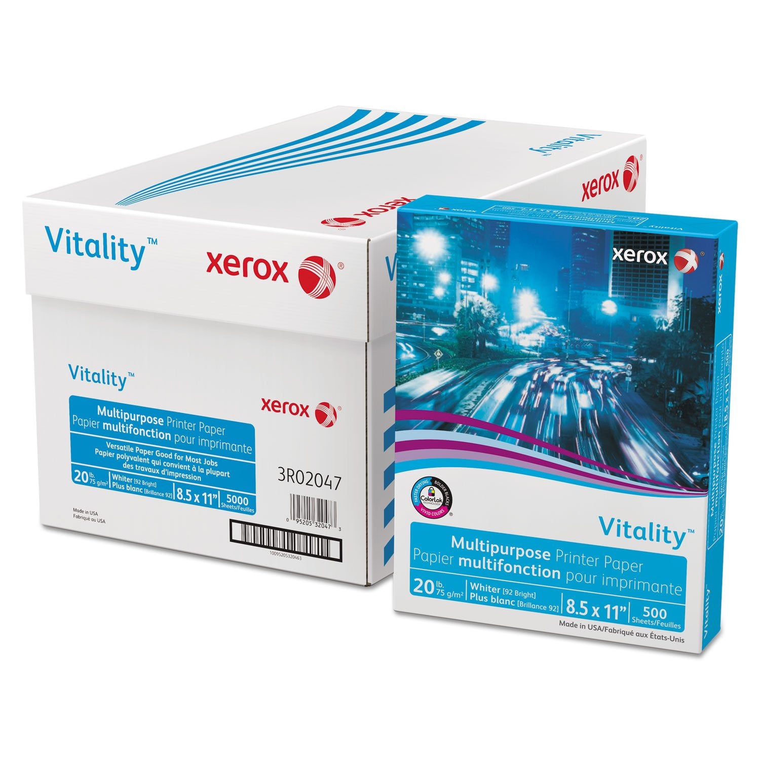 Xerox 3R02047 Vitality Multipurpose Printer Paper, 8 1/2 X 11, White, 5,000 Sheets/Ct