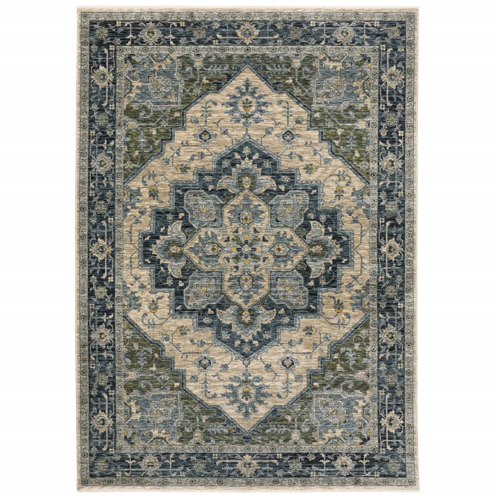 HomeRoots 508050 8 x 11 ft. Blue Gray Beige Tan Green & Gold Oriental Power Loom Stain Resistant Rectangle Area Rug with Fringe
