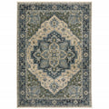 HomeRoots 508050 8 x 11 ft. Blue Gray Beige Tan Green & Gold Oriental Power Loom Stain Resistant Rectangle Area Rug with Fringe