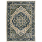 HomeRoots 508050 8 x 11 ft. Blue Gray Beige Tan Green & Gold Oriental Power Loom Stain Resistant Rectangle Area Rug with Fringe