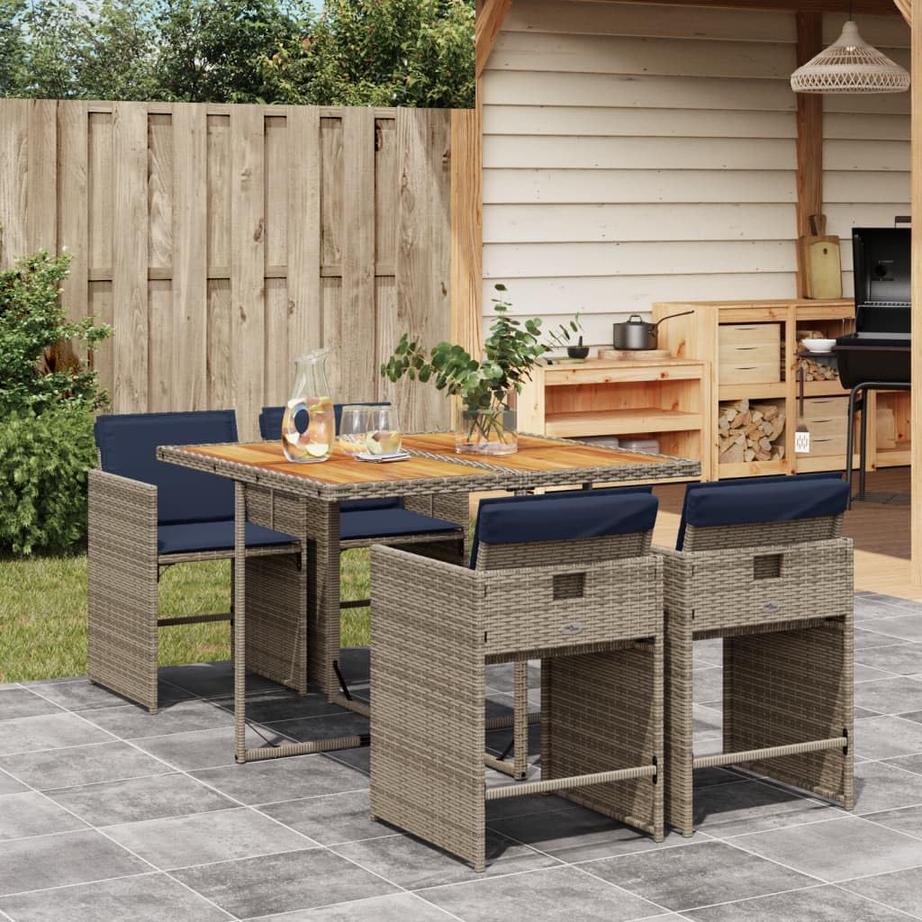 vidaXL Patio Dining Set - 5 Piece Gray Poly Rattan Furniture with Cushions - Foldable Chairs, Acacia Wood Tabletop, Outdoor/Garden/Backyard