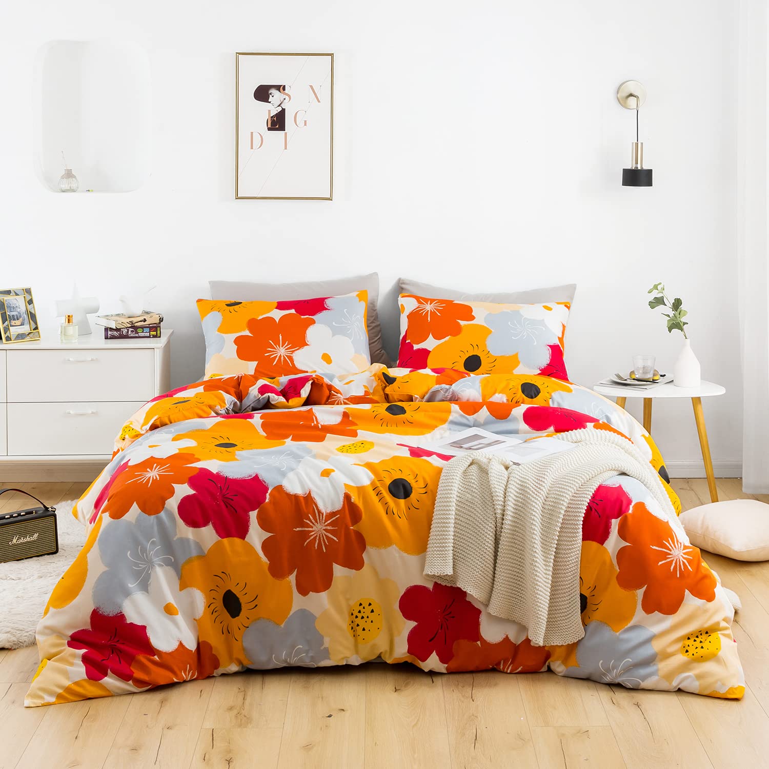 Susybao Orange Flower Duvet Cover King 100% Cotton Burnt Orange Floral Duvet Cover Set 3 Piece 1 Colorful Botanical Duvet Cover