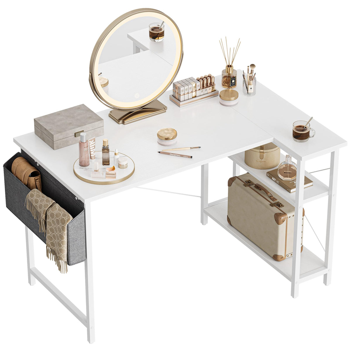 Cubicubi L Shaped Desk, 47 Inch Computer Desk With Reversible Storage Shelves Home Office Corner Desk Study Writing Table, White