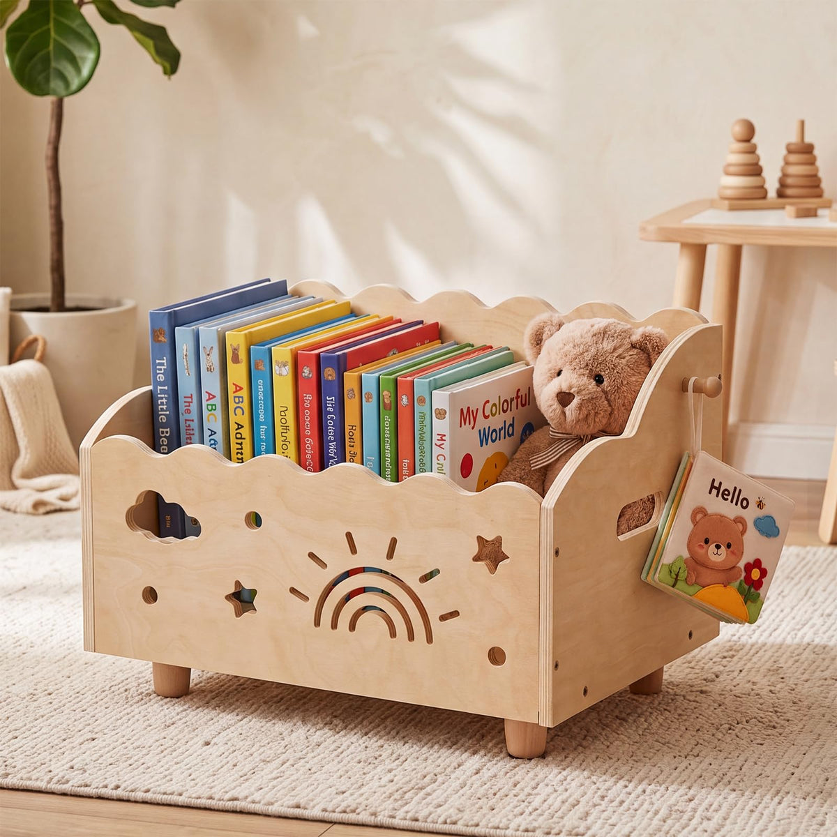 STEPLAY Wooden Scalloped Bookcase for Kids, OpenTop Toy Storage Organizer