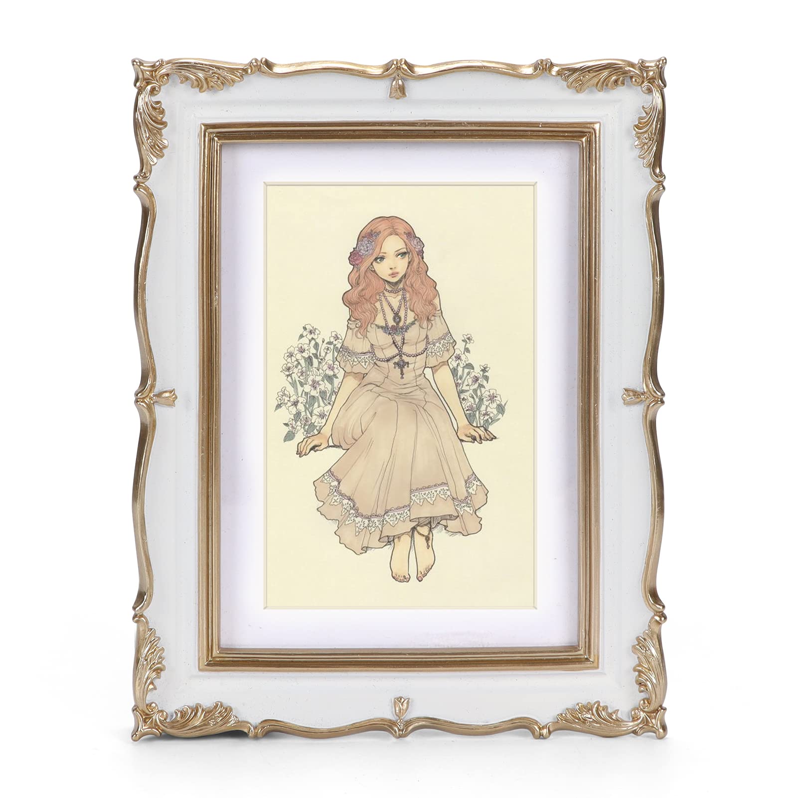 PHAREGE Vintage Picture Frame 5x7 White Gold, 5 by 7 Ornate Decorative Antique Frame with Mat for 4x6 Photo, Fancy Matted Frame 