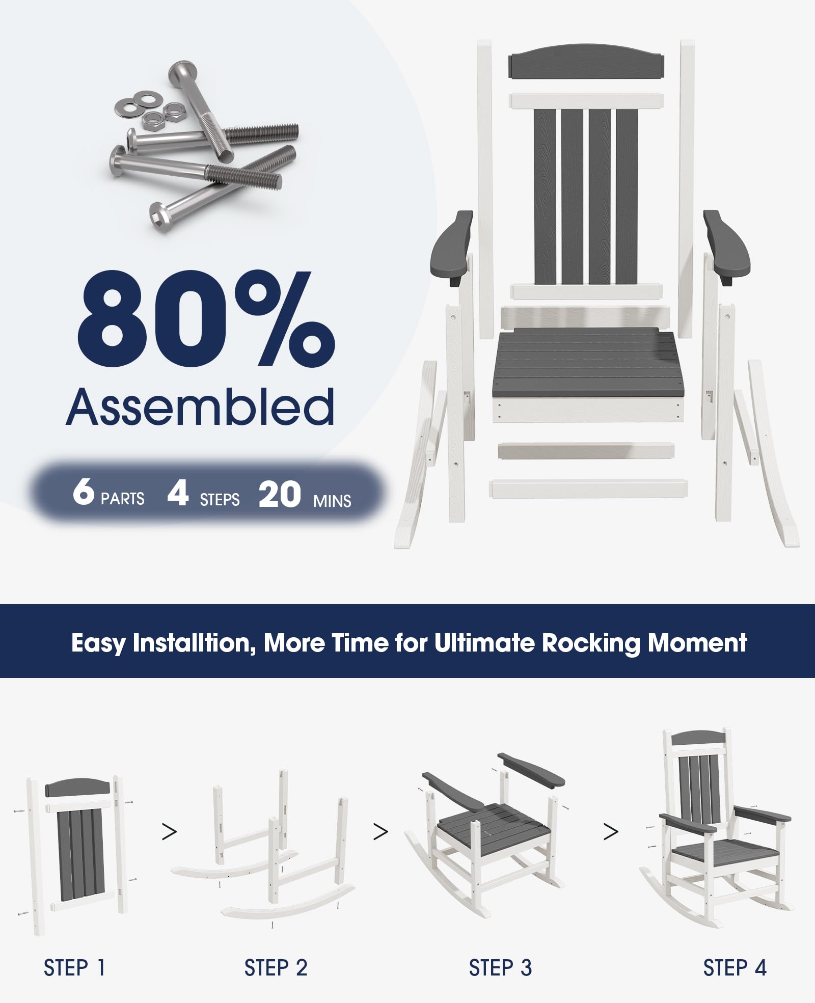 Kingyes Hdpe Rocking Chairs Outdoor, Patio Rocking Chairs With 330Lbs Support, Smooth Porch Rocker For Deck Lawn Yard, Gray White