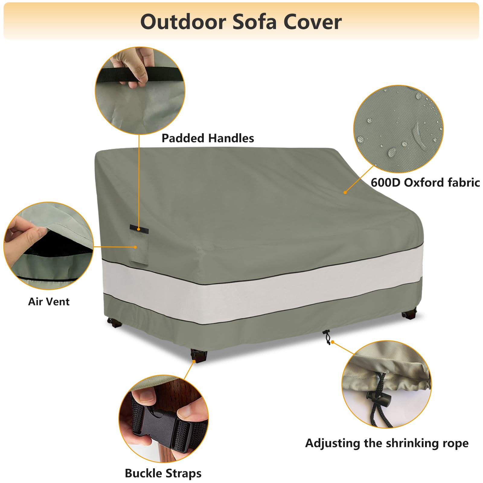 Aacabo Outdoor Sofa Cover,Patio Loveseat Cover,3-Seater Bench Cover,Waterproof Heavy Duty Patio Furniture Covers,85'W X 38'D X 35'H Inches Grey Green