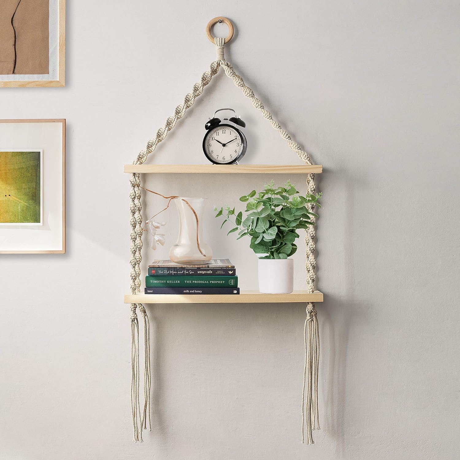 Mpire Macrame Wall Hanging Shelf; Cotton Rope Bohemian Woven Home Decor Handmade Boho Pine Wood With 2 Tier For Plants And Decor