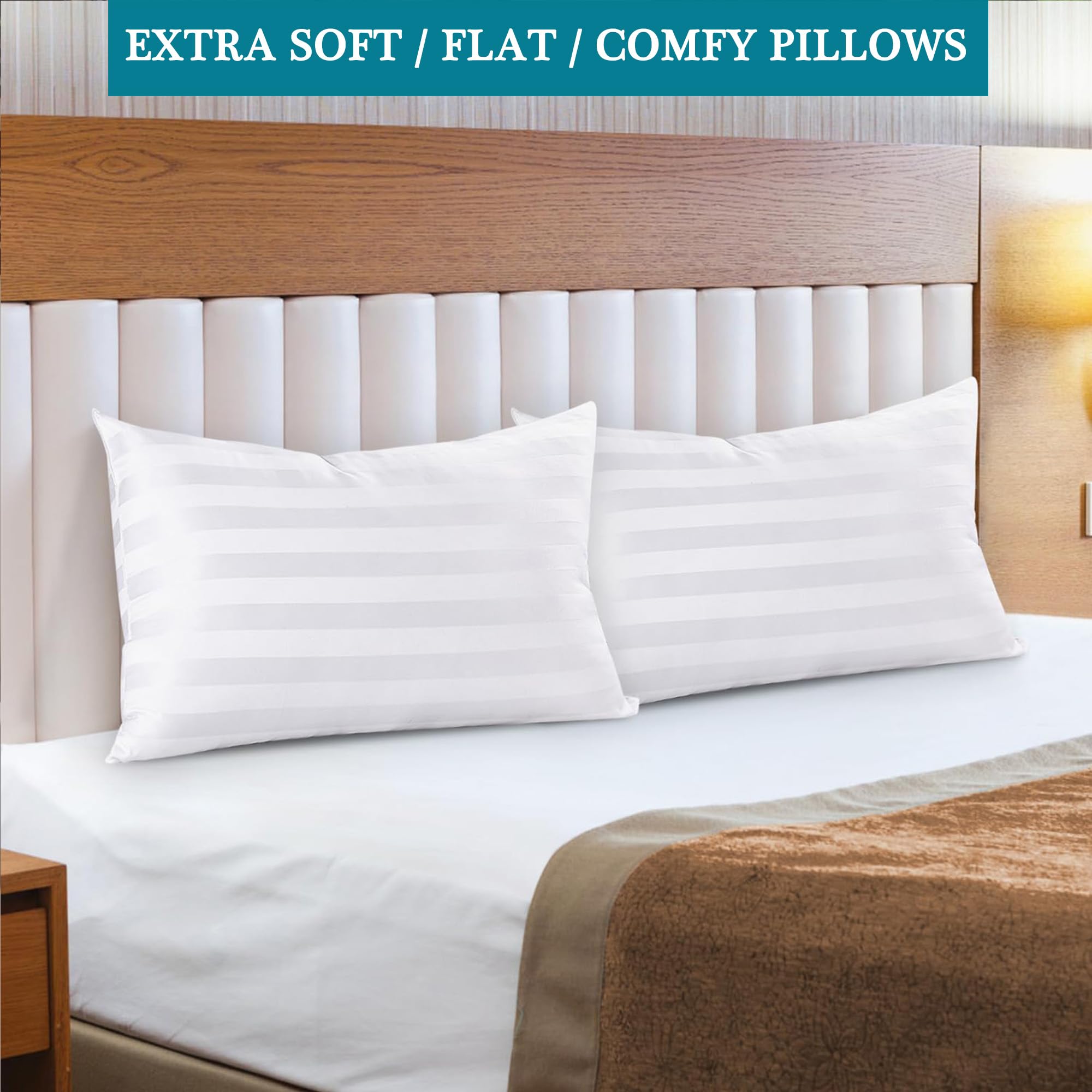 Extra Thin Flat Soft Low Pillows Standard Size Set Of 2, Down Alternative Filled Bed Pillows For Side Back And Stomach Sleepers