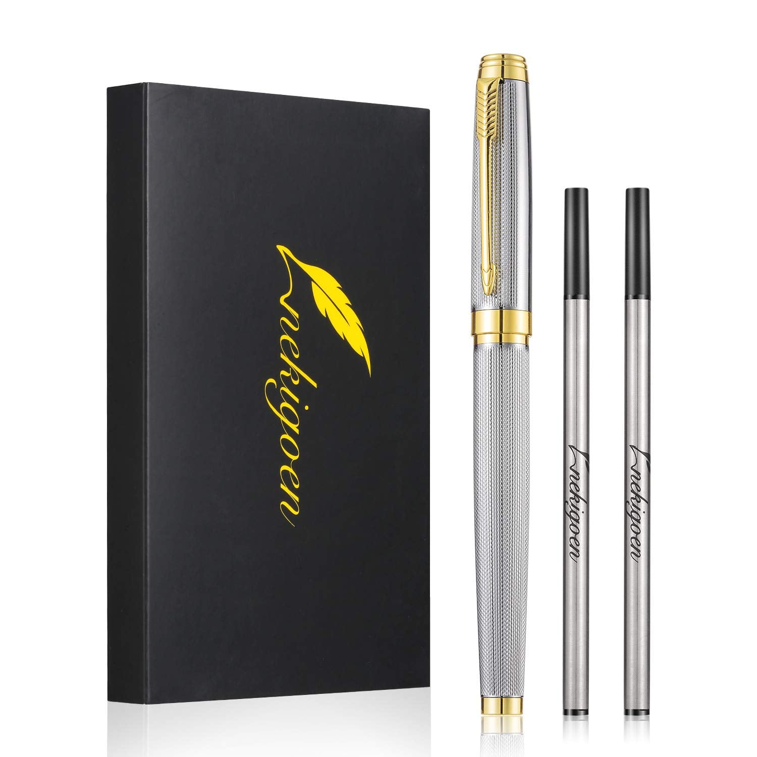 Nekigoen Rollerball Pen For Men Women Luxury Metal Executive Pens Home Office Use With 2 Extra Refills Black Ink 0.7Mm G2(Sliver