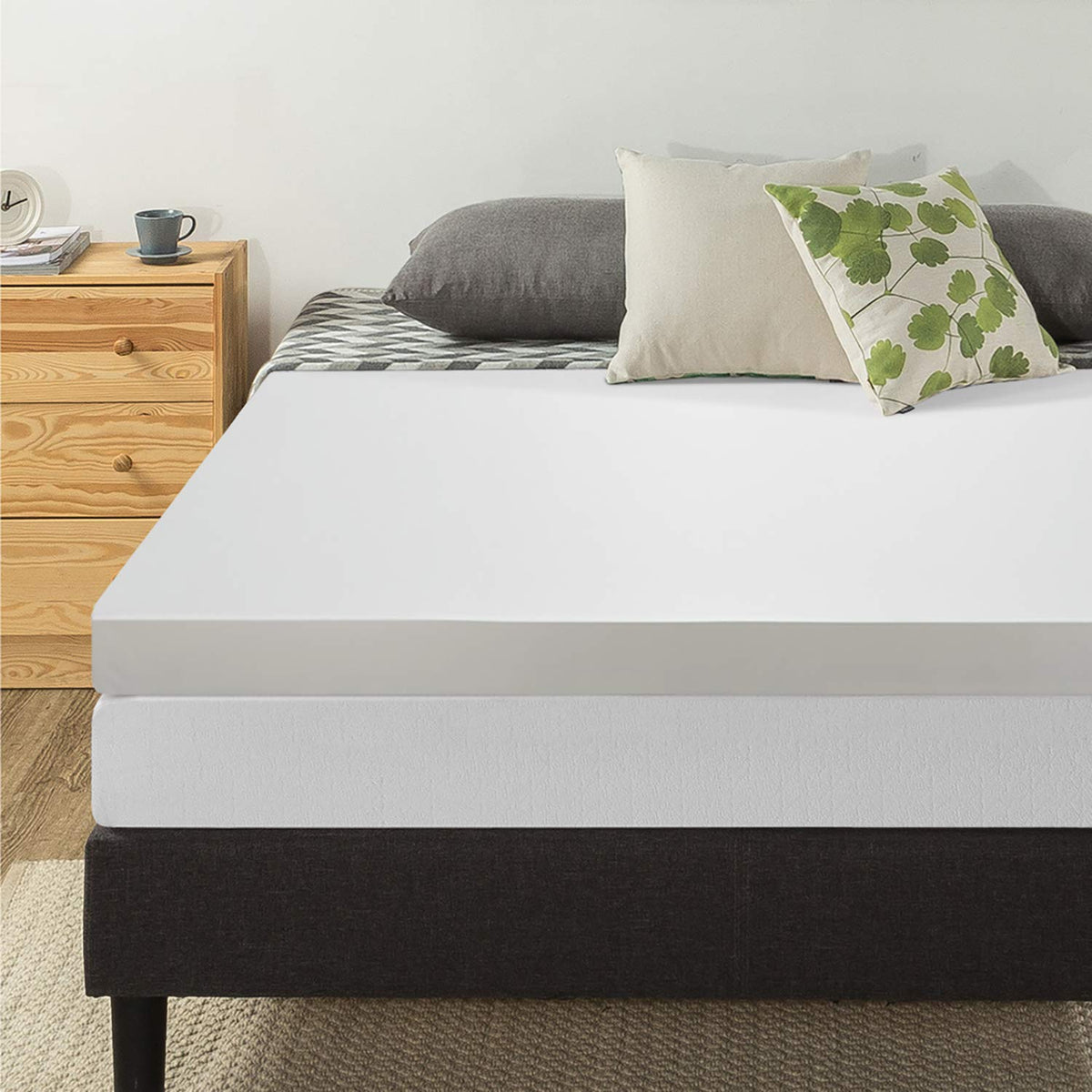 Mellow 4 Inch Memory Foam Mattress Topper With Cover, Calming Green Tea Infusion, Short Queen