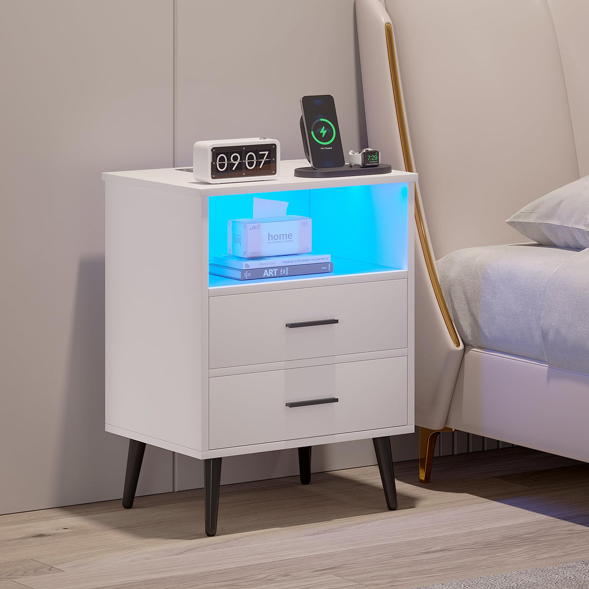 Lvsomt Led Night Stand With Charging Station, Dimmable Lighting, Bedroom Nightstand With Drawers, Modern Bedside Table With Human Body Induction, Smart Nightstand With Open Shelves, Metal Legs, White