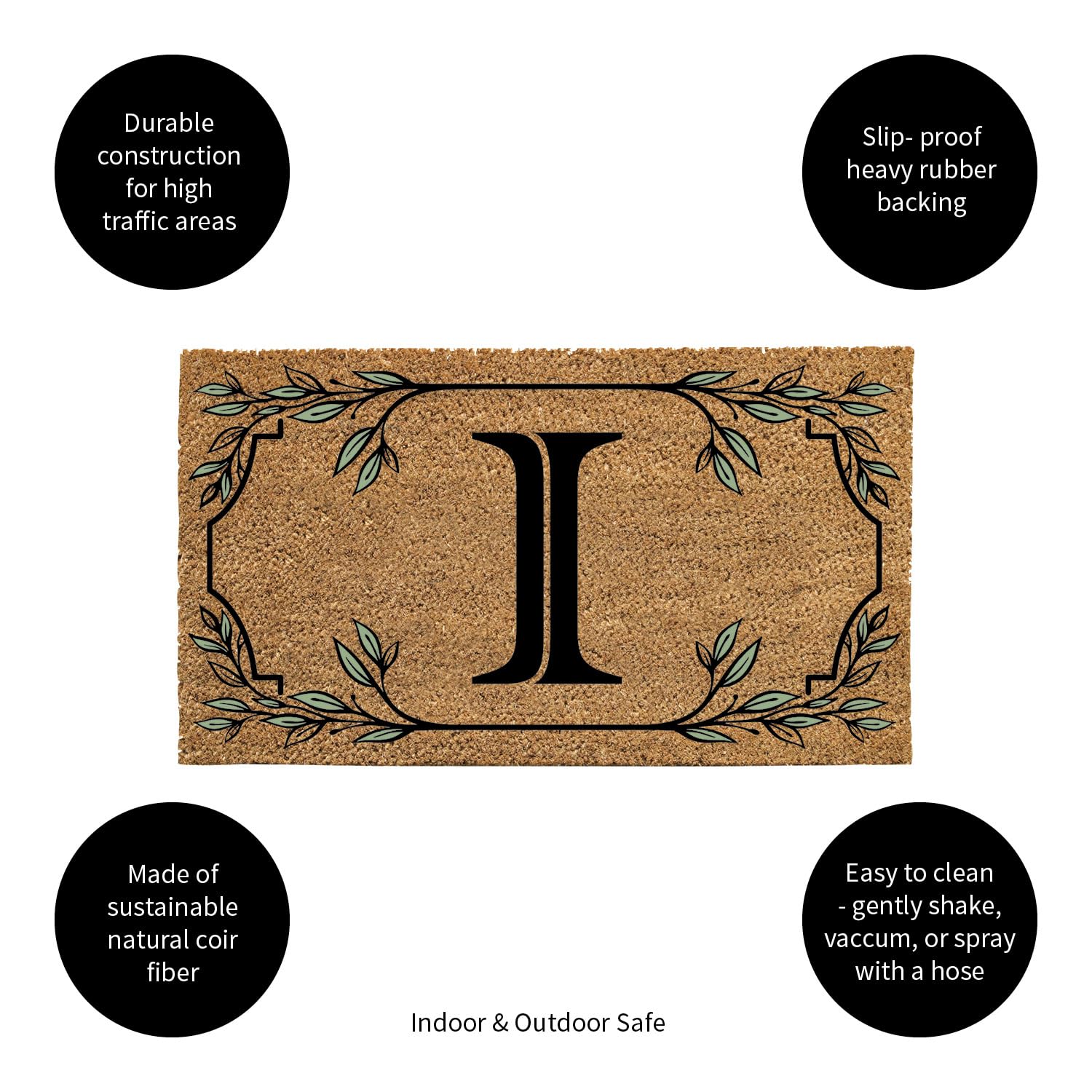 Evergreen Monogram Coir Doormat | Letter I | Front Door Mat For Outdoor Indoor Entrance | 28X16 Inches | Non-Slip Backing Doorwa