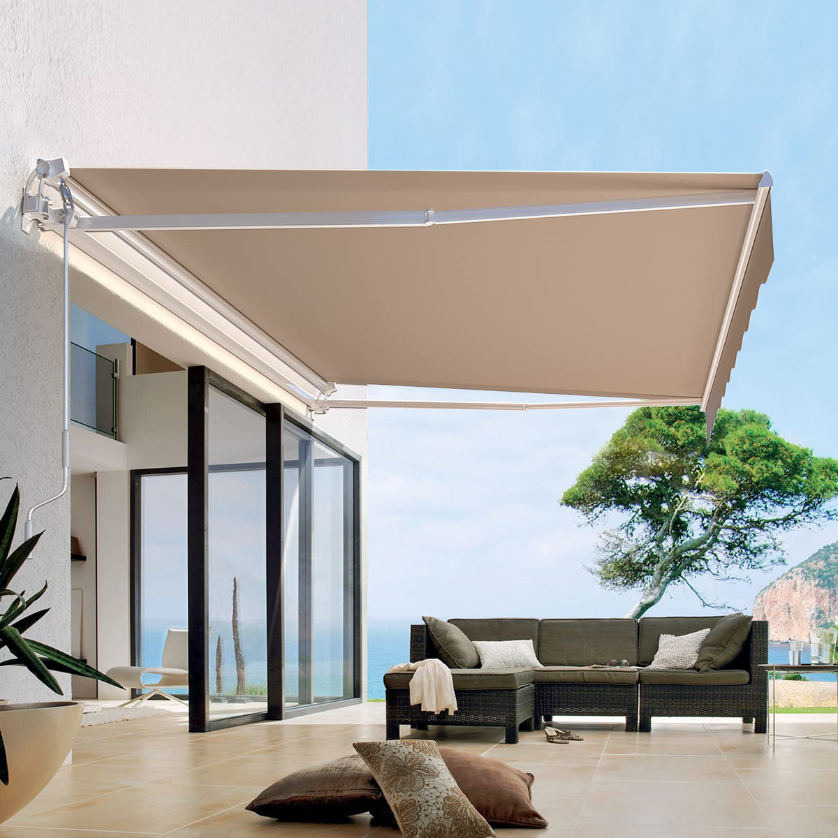 Aecojoy 13'  8' Manual Retractable Awning Sun Shade Patio Awning Cover Outdoor Patio Canopy Sunsetter Deck Awnings With Manual C