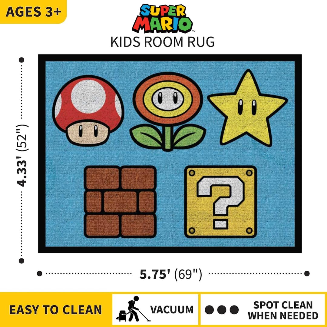 Franco Super Mario Kids Room Non Slip Area Rug, 69 In X 52 In, (Official Licensed Product)