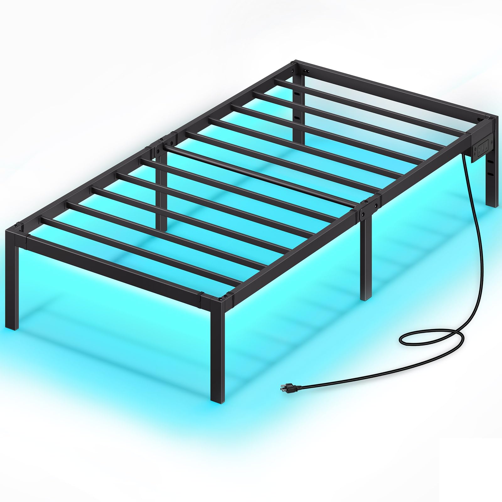 Rolanstar Bed Frame With Usb Charging Station, Twin Bed Frame With Led Lights, Platform Bed Frame With Heavy Duty Steel Slats, 14' Storage Space Beneath Bed