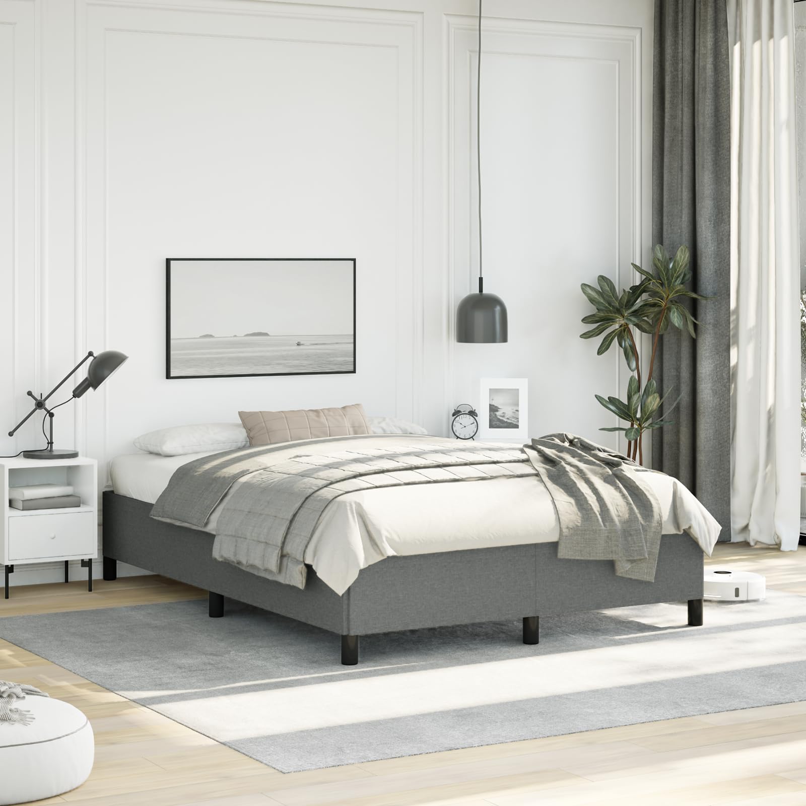 vidaXL Full Size Bed Frame with Plywood Slats, Platform Bed Frame, Fabric Upholstered Mattress Foundation, No Box Spring Needed & Easy Assembly, Dark Gray, Without Mattress