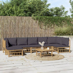vidaXL Bamboo Patio Lounge Set with Dark Gray Cushions - 8 Piece Modular Sofa Set Including Middle Sofa, Corner Sofa, Footstool and Table for Outdoor Garden