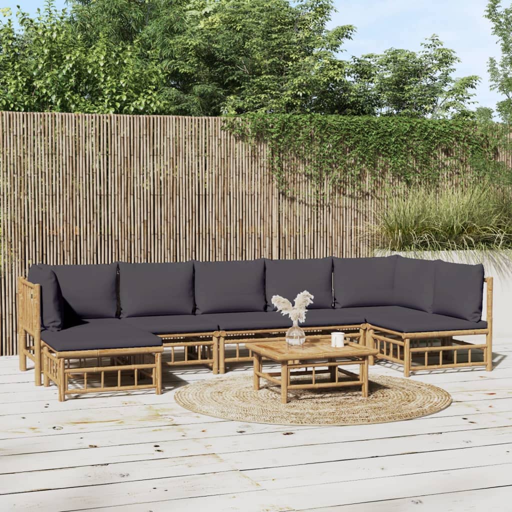 vidaXL Bamboo Patio Lounge Set with Dark Gray Cushions - 8 Piece Modular Sofa Set Including Middle Sofa, Corner Sofa, Footstool and Table for Outdoor Garden