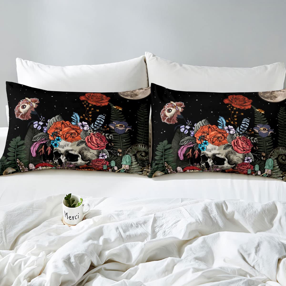 Erosebridal Sugar Skull Bedding Set,Botanical Flower Comforter Set For Kids Boys Girls Home Decor,Starry Sky Duvet Set Trippy Ga