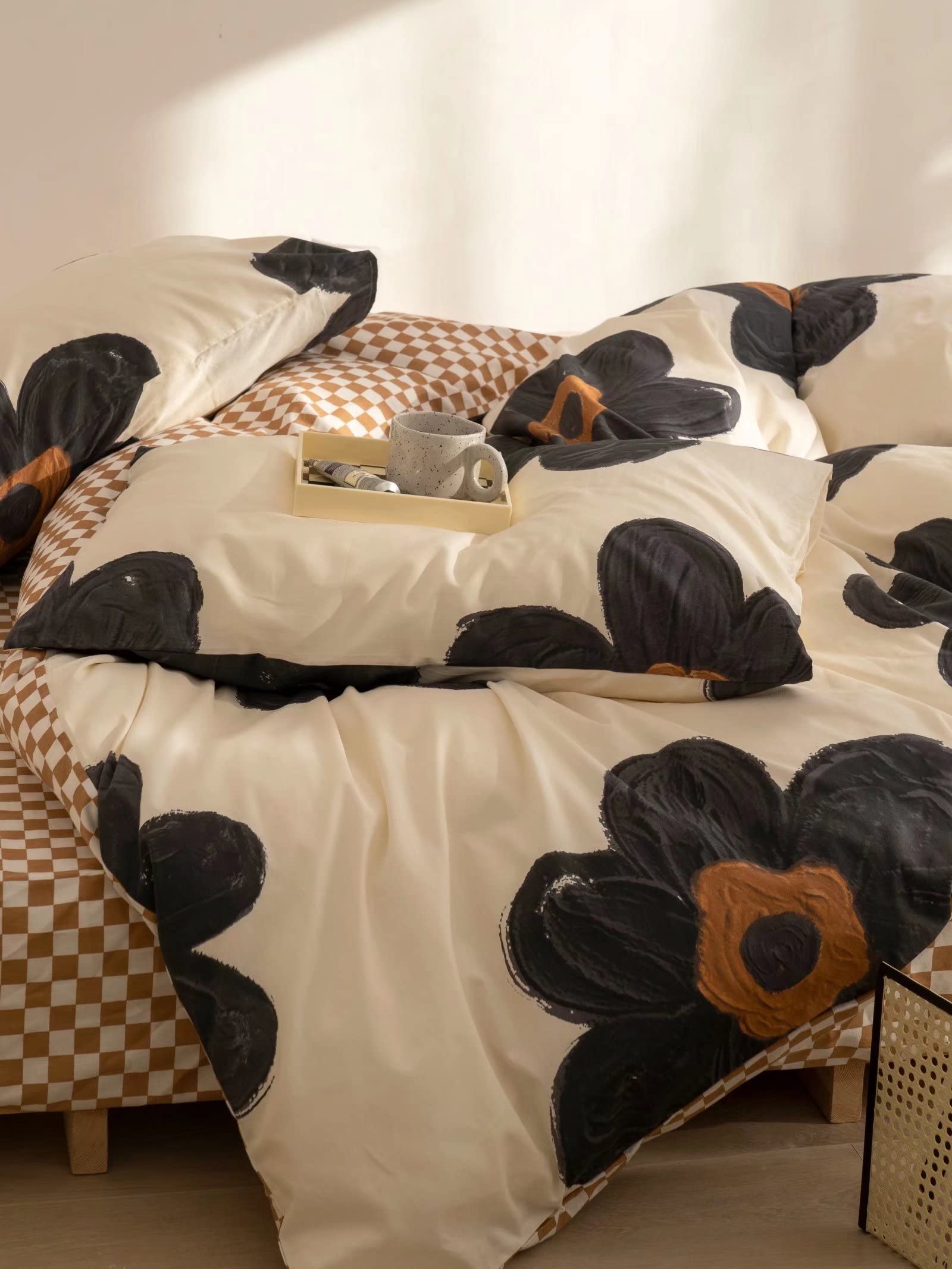 Clothknow Sunflower Comforter Sets Twin White Grey Bedding Sets Pumpkin Grid Bedding Comforter Sets 3Pcs Bed Comforter Sets With 2 Pillowcases