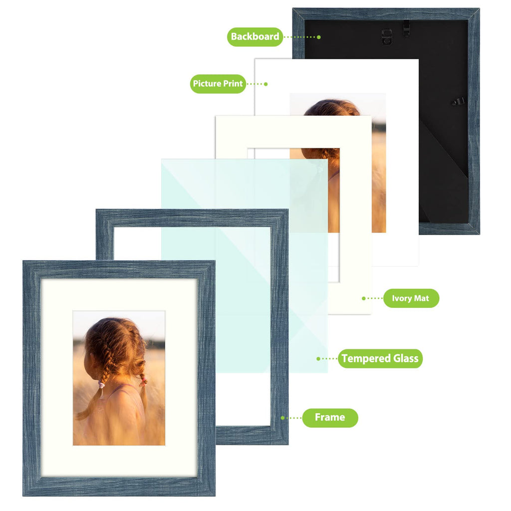 Golden State Art, 8X10 Picture Frame With Mat For 5X7 Photo - High Definition Glass Wall Mounting Or Tabletop Display (Blue, 1 P